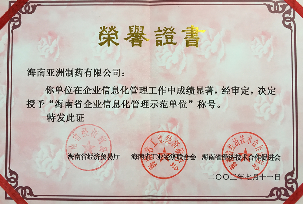 03年海南省企业信息化管理示范单位
